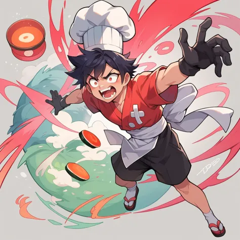 a japanese sushi chef in chibi form, wearing a red shirt and chef's hat, dynamically tossing sushi ingredients into the air, kit...