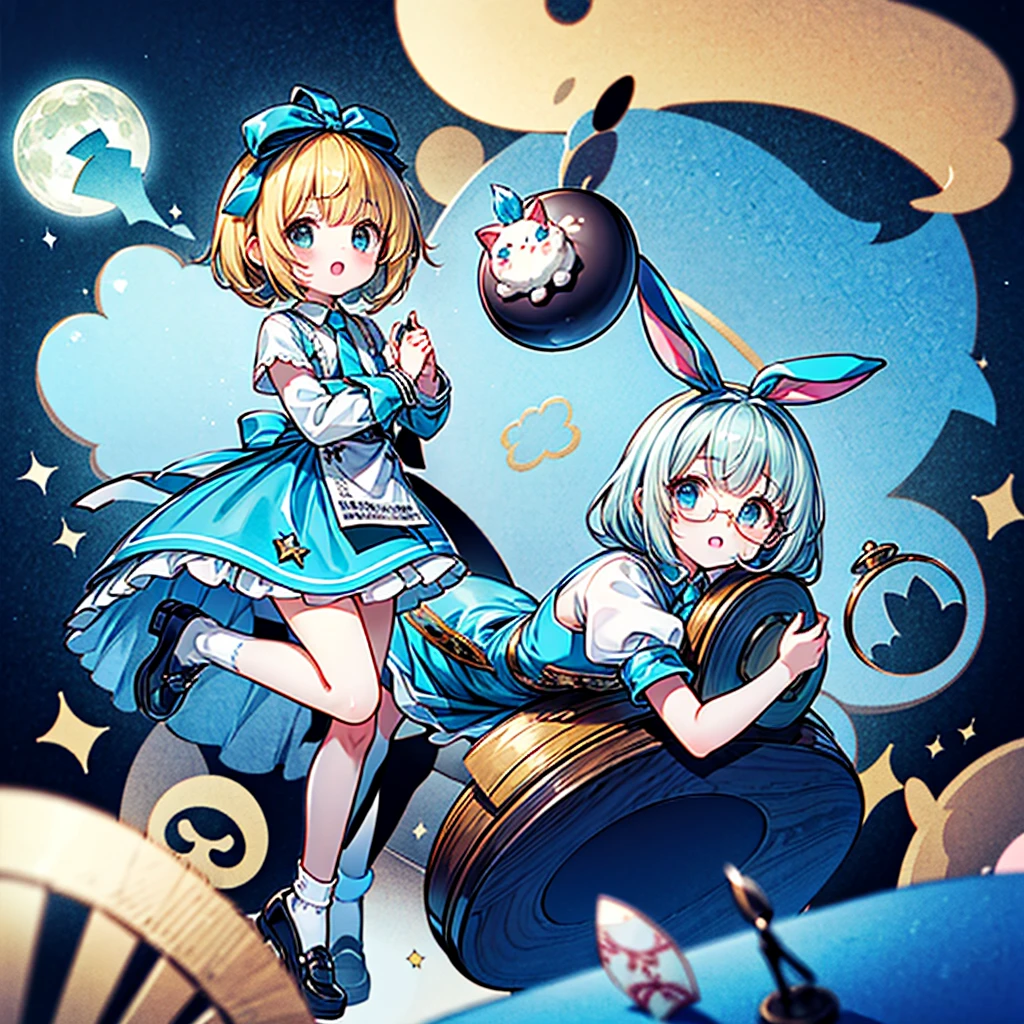 Perfect Anatomy、(Official Art、Highest quality、Unity 8k wallpaper、32K、masterpiece、Ultra-detailed、Ultra-high resolution)、Fantastic、((Alice in Wonderland))、Blonde、Tie your hair with a ribbon、Blue colored eyes、Blue Apron Dress、White socks、Trump、usagi、Pocket watch、Rabbit in a tuxedo、