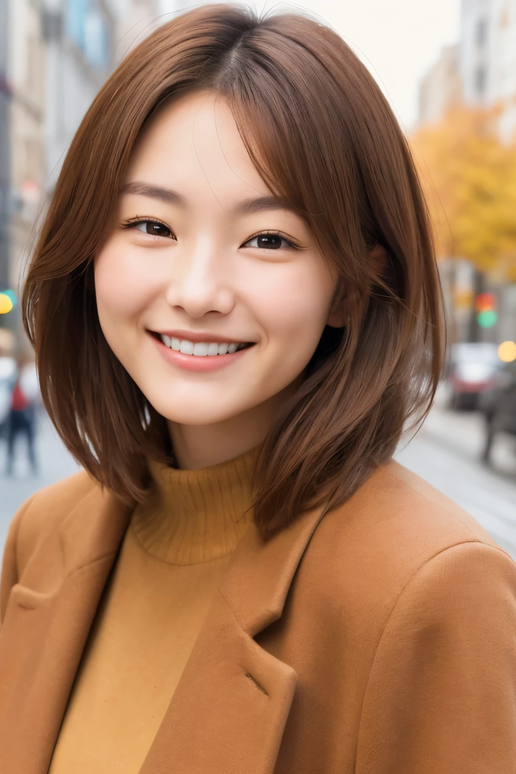 Upper body close-up image.A beautiful Japanese woman. Twenty years old. Light brown hair. She is smiling and looking at the camera. She is wearing fashionable autumn clothes. She is in the city.