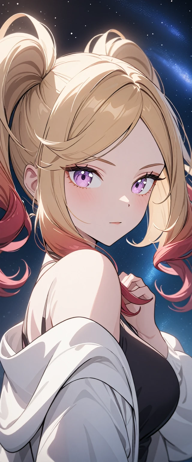 Anime style illustrations, Upper body close-up, masterpiece, Very detailed, 超High resolution, High resolution, 最high quality, Very detailedな, Detailed woman, high quality, 8k, Adult female, One woman, Pink eyes, Cowboy Shot, Red gradient hair, Red hair tips, Blonde Hair, Upstyle Bangs, Swept-back Bangs, Center Part, Forehead, Short Hair, High Twintails, Short Twin Tails, twin drills, drill hair, Off the shoulder, White jacket, Big Breasts, I can see your feet, Detailed Background, Beautiful starry sky, A clear star々, Milky Way