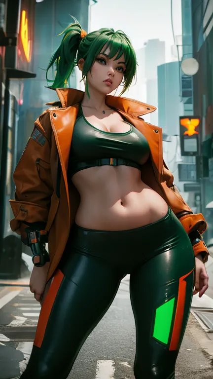 masterpiece, best quality, 1 woman, small breasts, wide hips, thicc thighs, cyberpunk style, green hair, cyber arm, brown jacket...