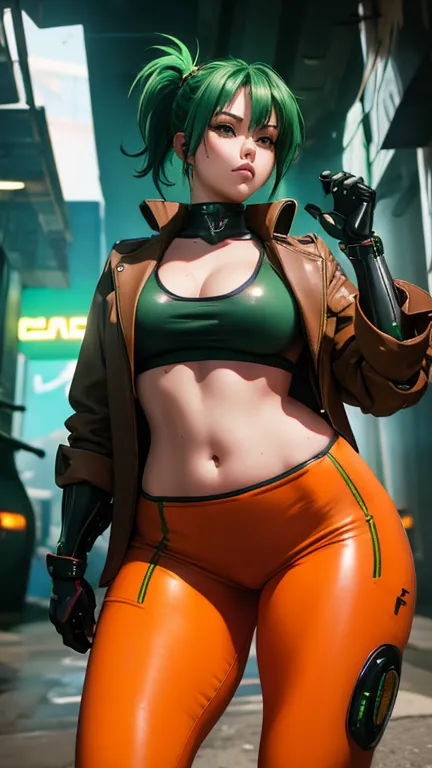 masterpiece, best quality, 1 woman, small breasts, wide hips, thicc thighs, cyberpunk style, green hair, cyber arm, brown jacket...