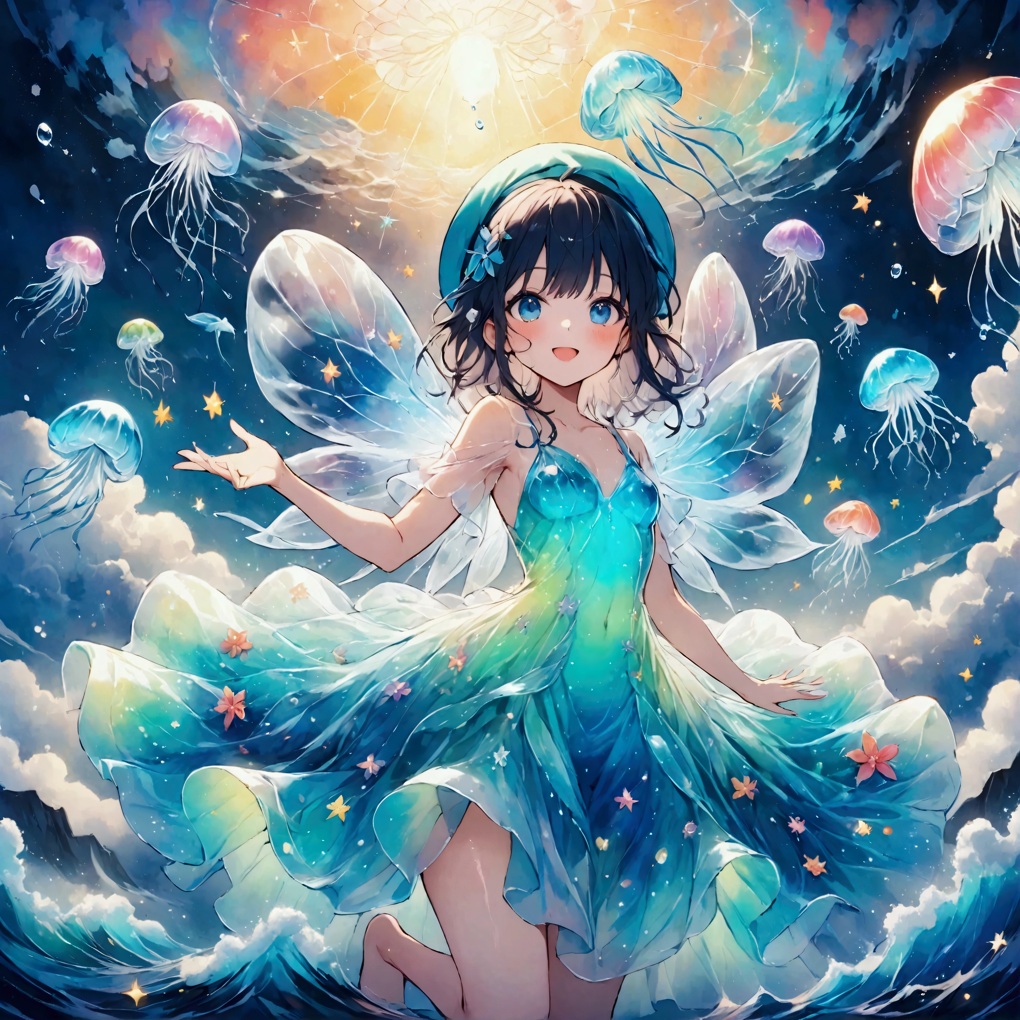 A small sea fairy with a transparent blue body resembling a water droplet, delicate jellyfish-like wings on its back, and a stylish artist's beret on its head. The fairy is holding a paintbrush in its hand, flying through the air, and using the waves and wind of the sea to paint. Surrounded by soft sea foam and gentle breezes, the character radiates creativity and joy. The atmosphere is whimsical and artistic, with warm, friendly expressions that emphasize the fairy's role as a cheerful and imaginative mascot. The scene captures a light and playful mood, with a focus on the fairy's beret and artistic tools.,Anatomically correct,colorful,colorfulな呪文を唱える,magic,Colorful,Absurdly beautiful,Transparency,Bioluminescent Dress,Flying Jellyfish,Water Drop