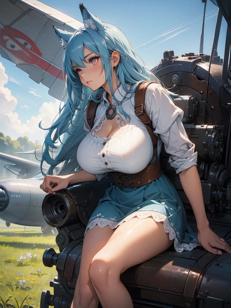 (Absurd Resolution:1.2), (ultra detailed:1.2), (masterpiece:1.2), (Photorealistic), (top-quality),BREAK biplane on a grassy airfield, early 20th century, detailed mechanical parts, cute-1girl, teenager, (finely detailed beautiful baby face), BREAK (ultra-fine-red-cute-eyes:1.2),  ultra detailed Expression eyelashes, BREAK (ultra-detailed-absurdly-long-pastel-blue-hair, hairs between eyes), beautiful Glossy lips, BREAK (slim body and gigantic breasts:1.6), curvy is body without muscles, (glossy realistic pale skin texture), (sweat skin:1.2), BREAK (ultra-detailed-cotton dirndl, Fine lace), bare-Thighs, Wolf-Ears, BREAK Seductive dynamic pose, (Crisp focus:1.2), (depth of field:1.2), (full body shot, dynamic angle), dramatic cloudy sky, realistic, photorealistic, ultra-detailed, 8k, best quality, masterpiece, intricate gears and propellers, aged and worn metal surfaces, pilot in vintage uniform looking up at the plane, retro futuristic style, warm color tones, cinematic lighting,