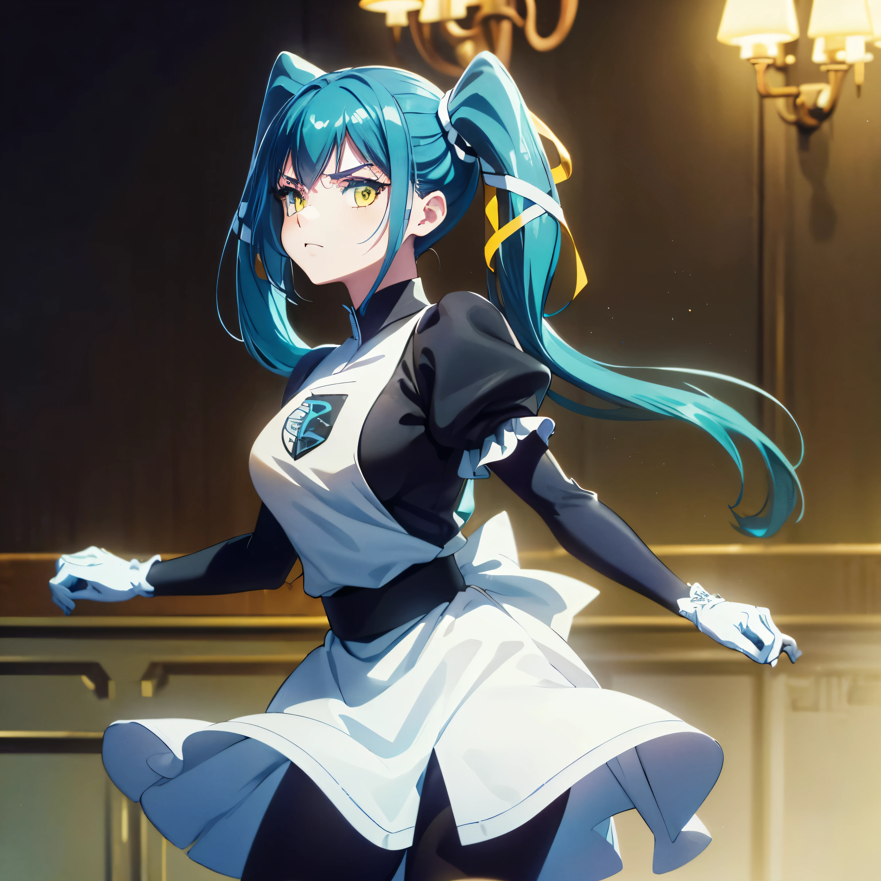 (insanely detailed, beautiful detailed face, masterpiece, best quality), ((masterpiece)),((best quality)),(highres), bokeh, looking at viewer, cowboy shot, pkmntpg, hood, white dress, blue gloves, black pantyhose, yachiho azuma, long hair, twintails, twin tails, hair ribbon, aqua hair, ((yellow eyes))