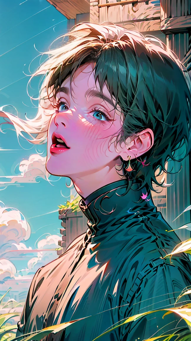 Black hair boy, sky background, white long sleeve shirt, brown eyes, look up, fanart, beautiful digital illustration, guweiz, unearthly art style,niji art style