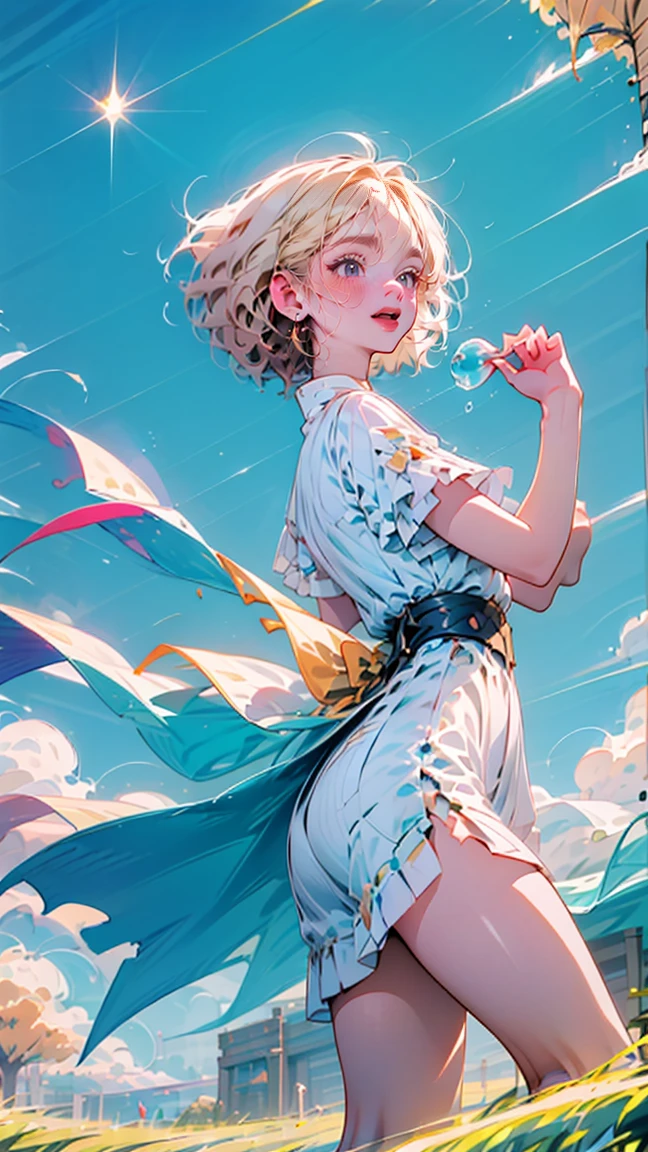 short curly hair, white flowing shirt, standing pose, looking slightly upwards, smooth fair skin, bright blue sky with scattered clouds and bubbles, natural sunlight from the left, dreamy and whimsical atmosphere, front view angle, well-balanced exposure, no motion blur, digital illustration style.