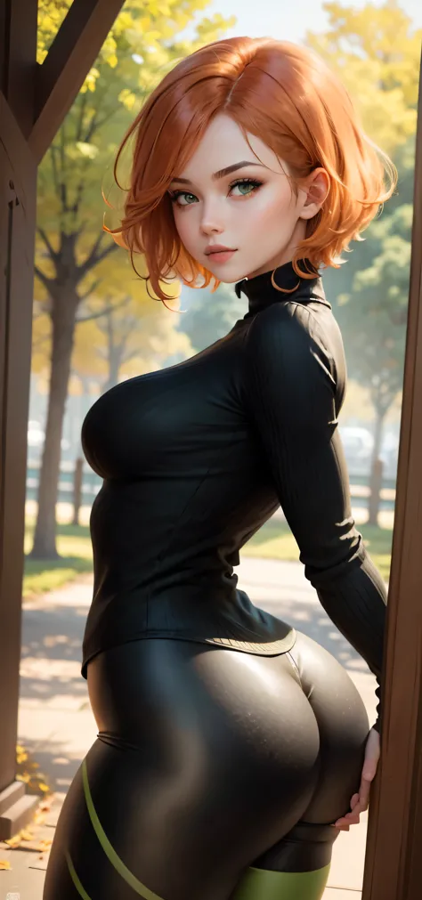 masterpiece, best quality, ultra-detailed, beautiful lighting, woman, black leggins, orange hair, (green eyes:1.3), (black sweat...