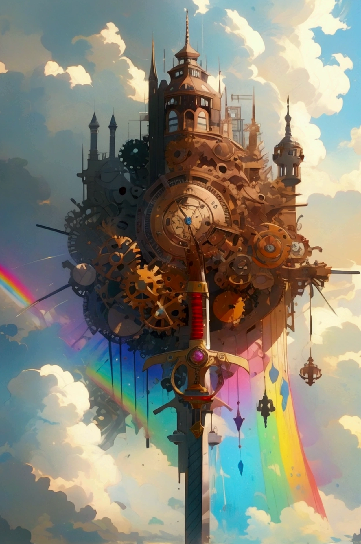 A line art version of a steampunk-themed scene featuring mist, a rainbow, a clock tower, and a greatsword. The design should be highly detailed with clear, bold outlines, minimal shading, and no color, allowing it to be suitable for coloring. The elements (gears, mechanical parts, sword) should be intricately designed, but the image should remain simple enough to be easily filled in with colors. 16:9 ratio for a wide canvas.