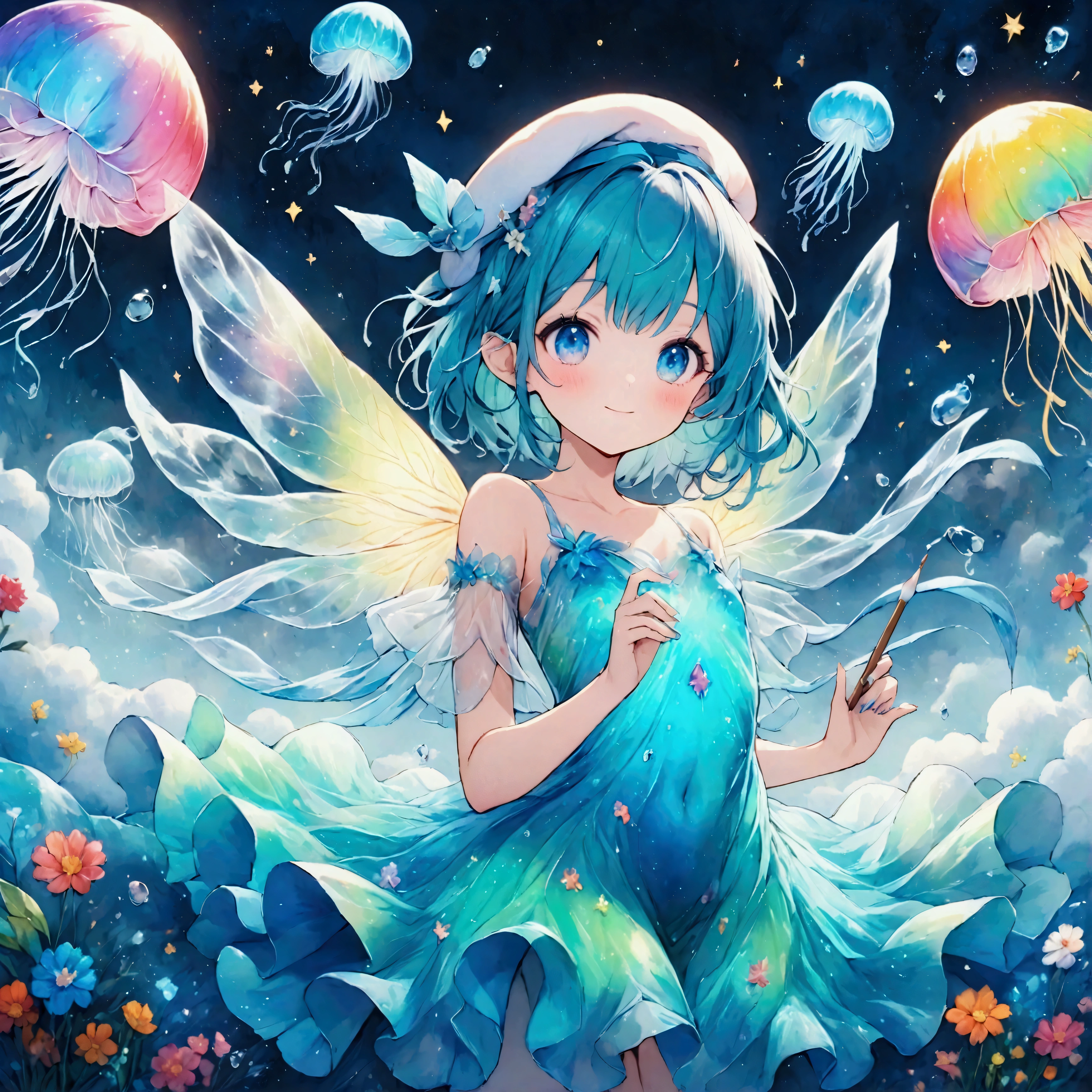 A small sea fairy with a transparent blue body resembling a water droplet, delicate jellyfish-like wings on its back, and a stylish artist's beret on its head. The fairy is holding a paintbrush in its hand, flying through the air, and using the waves and wind of the sea to paint. Surrounded by soft sea foam and gentle breezes, the character radiates creativity and joy. The atmosphere is whimsical and artistic, with warm, friendly expressions that emphasize the fairy's role as a cheerful and imaginative mascot. The scene captures a light and playful mood, with a focus on the fairy's beret and artistic tools.,Anatomically correct,colorful,colorfulな呪文を唱える,Colorful,Absurdly beautiful,Transparency,Bioluminescent Dress,Flying Jellyfish,Water Drop