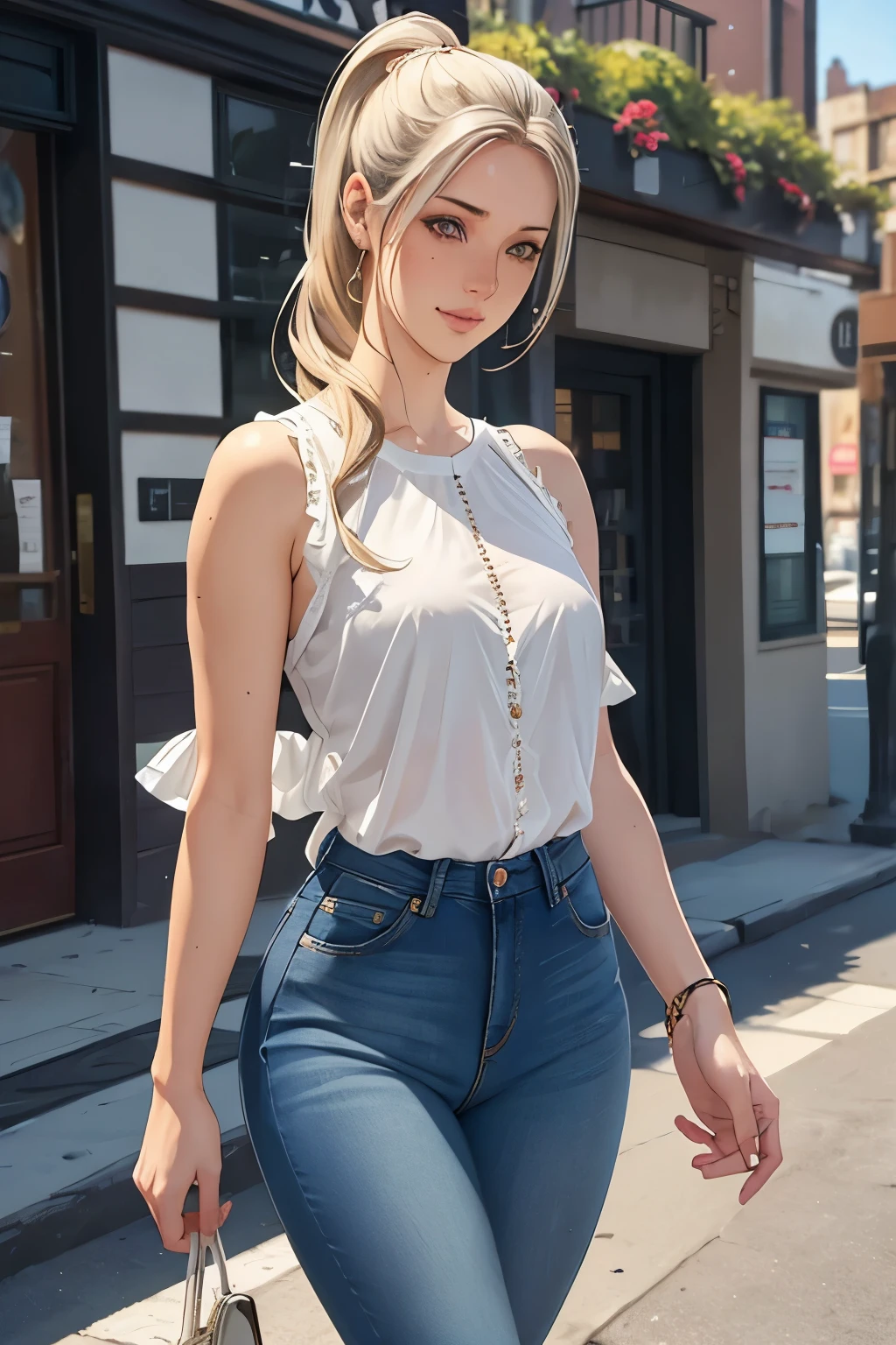 Woman, americana, Age 25, pale skin and freckles, gray eyes, delicate nose, soft and delicate lips, far away, blondie ponytail, sweet smile, face with delicate feminine facial features, highly rendered, regata de gola alta de cor azul, calça jeans, salto alto preto, Nova York, mexendo no iphone