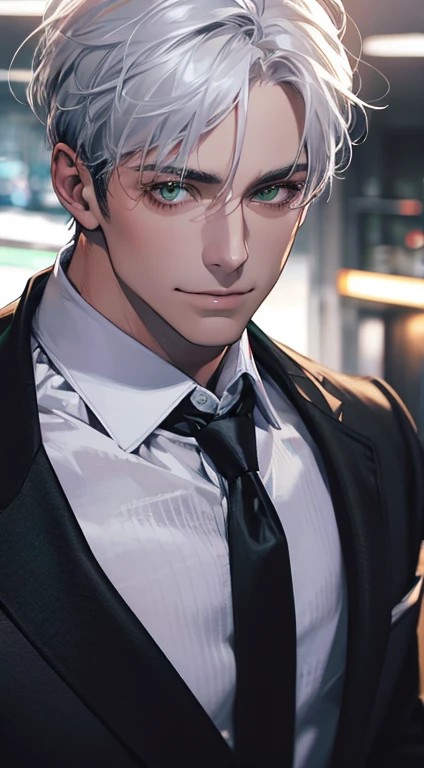 (Highest quality,4K,8K,High resolution,masterpiece:1.2),Super detailed,(Realistic,photoRealistic,photo-Realistic:1.37),1 personld,Mature Men,Beautiful skin、very handsome,Expressionless smile in love,Short white hair,green eyes,Sharp Eyes,A perfect face without a doubt,Businessman, CEO, Office Background,Cinema Lighting,HDR image,tie、