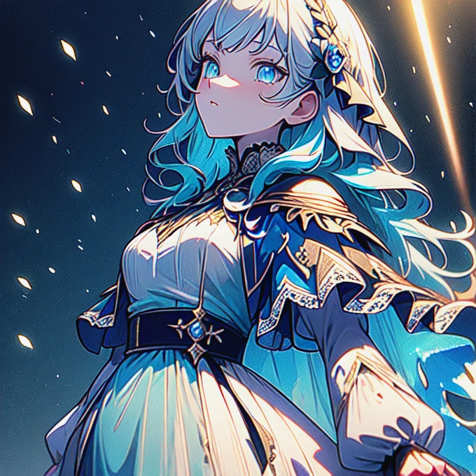 masterpiece, best quality, marianne_timeskip, blue dress, capelet, dark alpine forest, standing, night, looking up, upper body, detailed face 