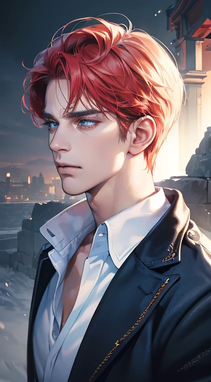 (best quality, masterpiece, 8K, photorealistic, cinematic lighting, 1:4 hdr image, ultra detailed, beautiful image), a mature man, 34 years very handsome, ((cold expression)), short red hair, blue eyes, face perfect without mistakes, ((buttoning his jacket, CEO))