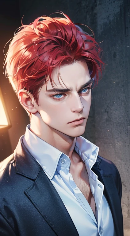 (best quality, masterpiece, 8K, photorealistic, cinematic lighting, 1:4 hdr image, ultra detailed, beautiful image), a mature man, 34 years very handsome, ((cold expression)), short red hair, blue eyes, face perfect without mistakes, ((buttoning his jacket, CEO))