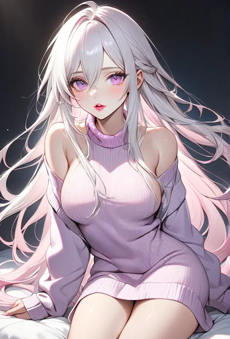 male, with very long white hair, with long hair, with light pink eyes, pale skin, he is wearing a light purple sweater dress, he...