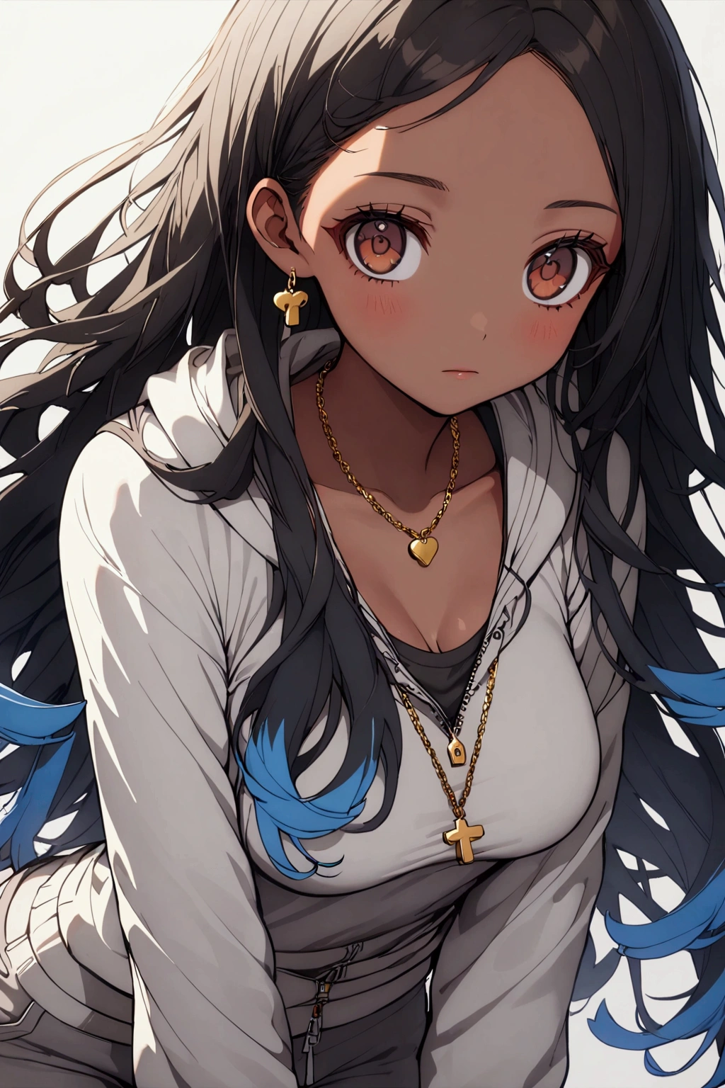 1girl, brown eyes, (black hair with blue fade, blue strands in the hair, long hair,) skinny waist, medium breasts, tan skin, a gold charm necklace, young girl, teenager girl, brown skin, wearing a gray sweatpants, gray zipped hoodie, a gold charm necklace, 