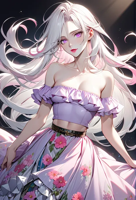 male, with very long white hair, with long hair, with light pink eyes, pale skin, he is wearing a light purple ruffled top, with...