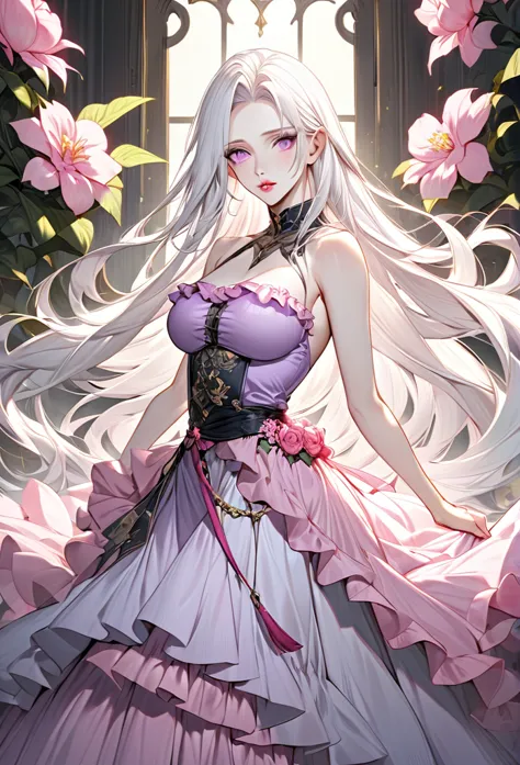 male, with very long white hair, with long hair, with light pink eyes, pale skin, he is wearing a light purple ruffled top, with...