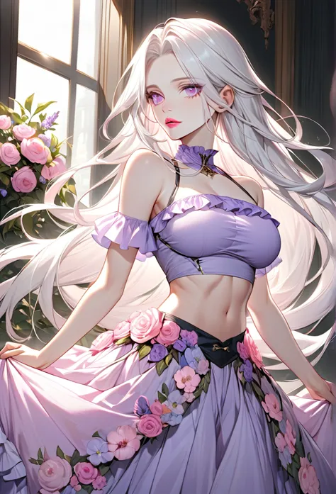 male, with very long white hair, with long hair, with light pink eyes, pale skin, he is wearing a light purple ruffled top, with...