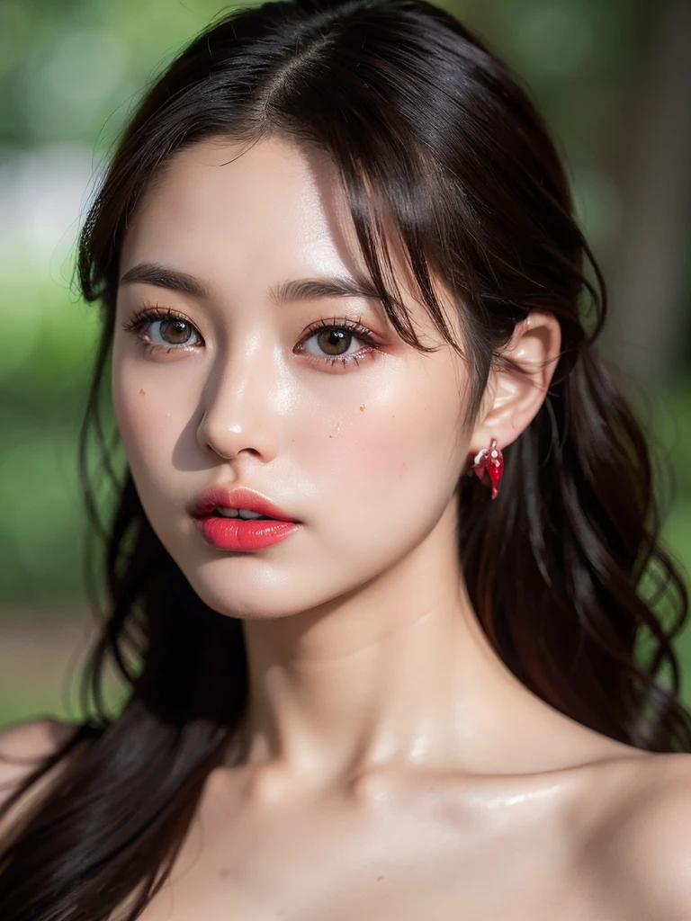 (UHigh resolution, retina, masterpiece, Accurate, Anatomically correct, Textured skin, Super Detail, Attention to detail, high quality, 最high quality, High resolution, 1080P, High resolution, 4K, 8k, 16k), (美しいAttention to detail目, Beautiful lip detail, Highly detailed eyes and face), Soft lighting, Physically Based Rendering, Vibrant colors,(((最high quality、masterpiece, 高精細CG8kイラスト, Highly detailed lights and shadows, Highly detailed face and eyes,masterpiece, 最high quality, Alone, One girl, Glowing Skin, Earrings, Splendid, Whimsical details, Bright red lips, Fascinating, Bare shoulders,Shallow depth of field, Contrasting, Professional Model, frontを向く、front, Portraiture , Left detailed pupil,Right symmetrical pupil,Wavy Hair))), (Glowing Skin), (Wide-angle),(Alone),  (Urzan-6500:0.33)、Outdoor、(((Full Body Shot,Glossy legs)))