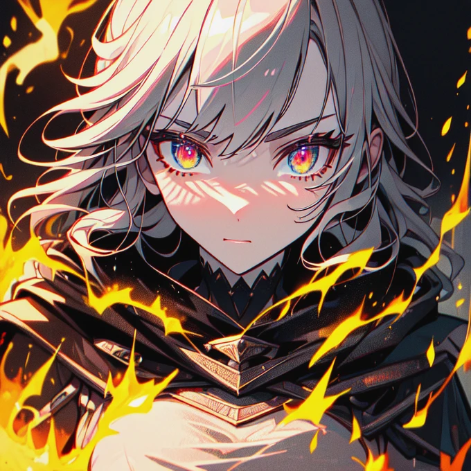 ((super fine illustration, 8k, Masterpiece :1.2, Sharp focus :1.2, depth of field:1.2)), Beautiful swordswoman, absurdity, Highly detailed face and skin texture, silver hair, jet-black armor, flame armor, cloak wrapped in flames, sword wrapped in flames, flame wings, determination to overcome sorrow, A sign of determination in your gentle eyes , strong soul