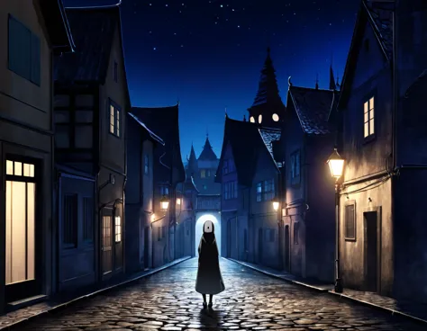 8k,high res,1 woman,((view of back)),((no face)),she stands the front of the old town,night