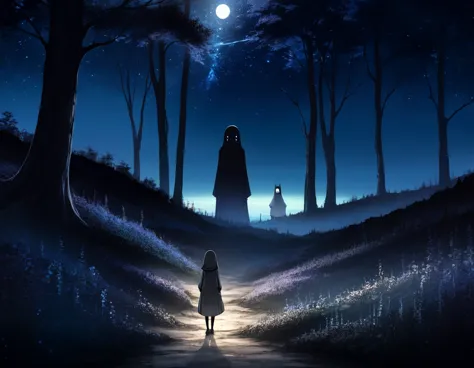 8k,high res,1 woman,((view of back)),((no face)),she stands the front of the beautiful landscape,night