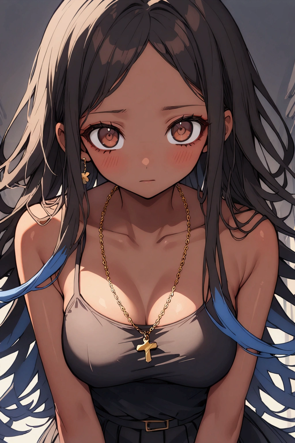 1girl, brown eyes, (black hair with blue fade, blue strands in the hair, long hair,) skinny waist, medium breasts, tan skin, a gold charm necklace, young girl, teenager girl, brown skin, wearing a black tank top, a gold charm necklace, emotionless, inhuman