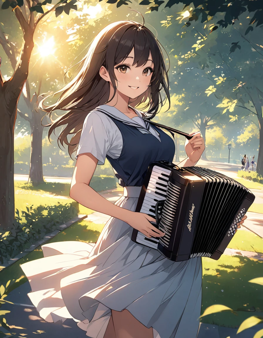 super fine illustration, highly detailed, dynamic angle, beautiful detailed, 8k, In September, after school, in a calm and quiet park, BREAK a black long straight hair high school girl practices the accordion happily, her smile shining as she plays. BREAK The sunset softly lights the park, casting long shadows from the trees. BREAK Musical notes dance lightly in the wind, and her bright music fills the peaceful atmosphere.