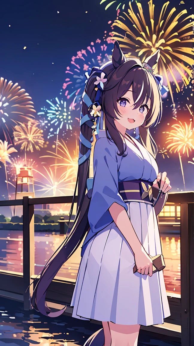 masterpiece, Best Quality, High resolution, Very detailed,(((Viblos))), (((Horse Girl))), (((Standing at a distance))), (((fence))), (((river))), (((night))), (((White dress))), (((firework))), (((yukata)))