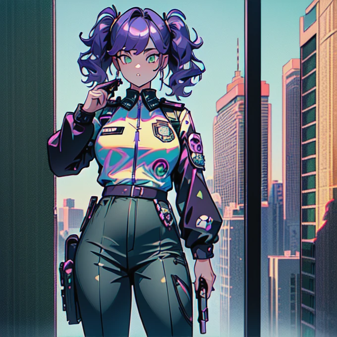 ((masterpiece)), ((best quality)), ((highres)), 1girl, solo, police officer, (matching pants, slacks), city backdrop, (holding and aiming pistol, detailed pistol, glock 22, trigger discipline), standing, medium hair, (purple hair, twintails), (green eyes),