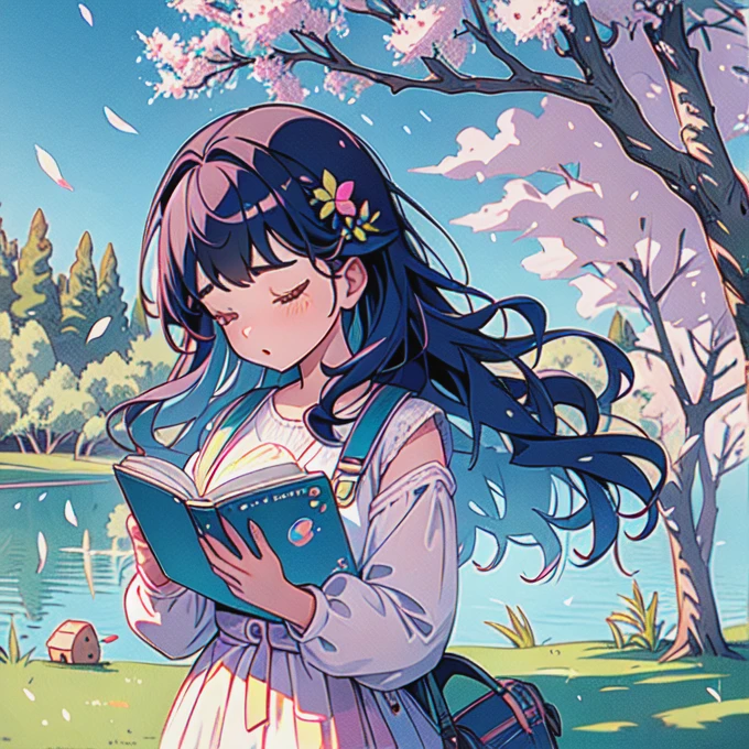 Girl reads a book by the lake, bright colors, spring, willow branches, comfort, warm sunlight