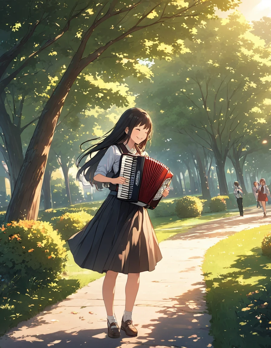 super fine illustration, highly detailed, dynamic angle, beautiful detailed, 8k, In September, after school, in a calm and quiet park, BREAK a black long straight hair high school girl practices the accordion happily, her smile shining as she plays. BREAK The sunset softly lights the park, casting long shadows from the trees. BREAK Musical notes dance lightly in the wind, and her bright music fills the peaceful atmosphere.