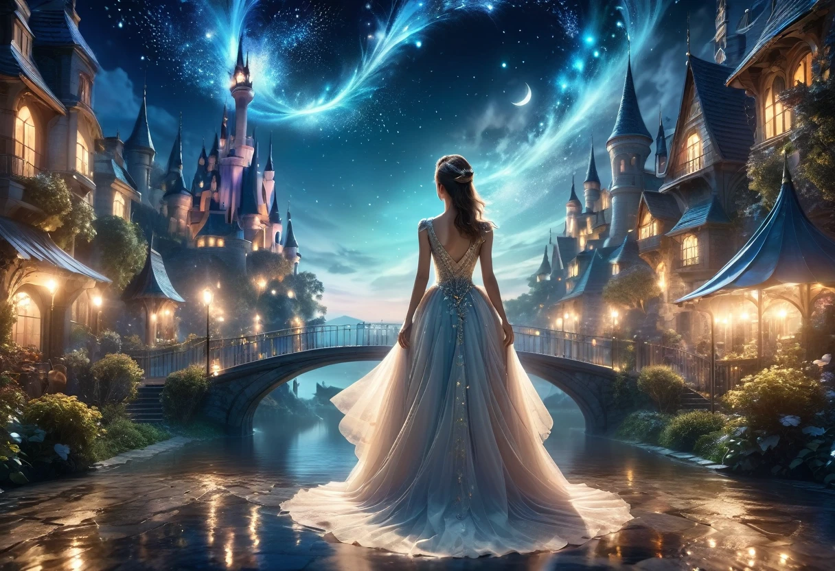 8K,high res,1 woman,((view of back)),she stands the front of the magical world,night