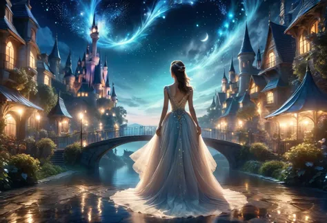 8k,high res,1 woman,((view of back)),she stands the front of the magical world,night