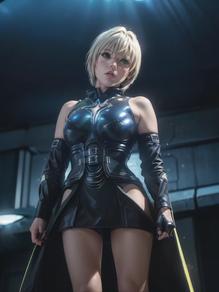 mine、最high quality、high quality,, ((Masseter muscle area)), ((High resolution)), ((最high quality)), ((Ultra-realistic texture)), detailed, ((Glowing Skin)), (Shiny black bondage, Shiny black hot pants), Voluptuous bust, Bowl-shaped big breasts:1.4, (View from the front, Looking at the audience:1.5)、((background:Inside the futuristic facility:1.4))