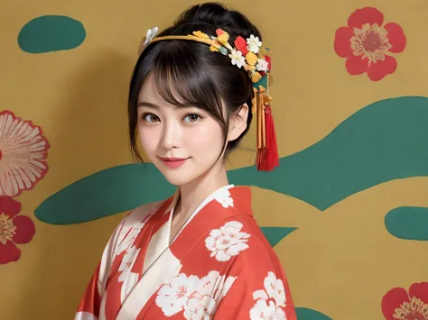 288 (20-year-old woman,short hair) , (a kind smile) , (kimono), (colorful), (japanese painting by uemura shōen), flower