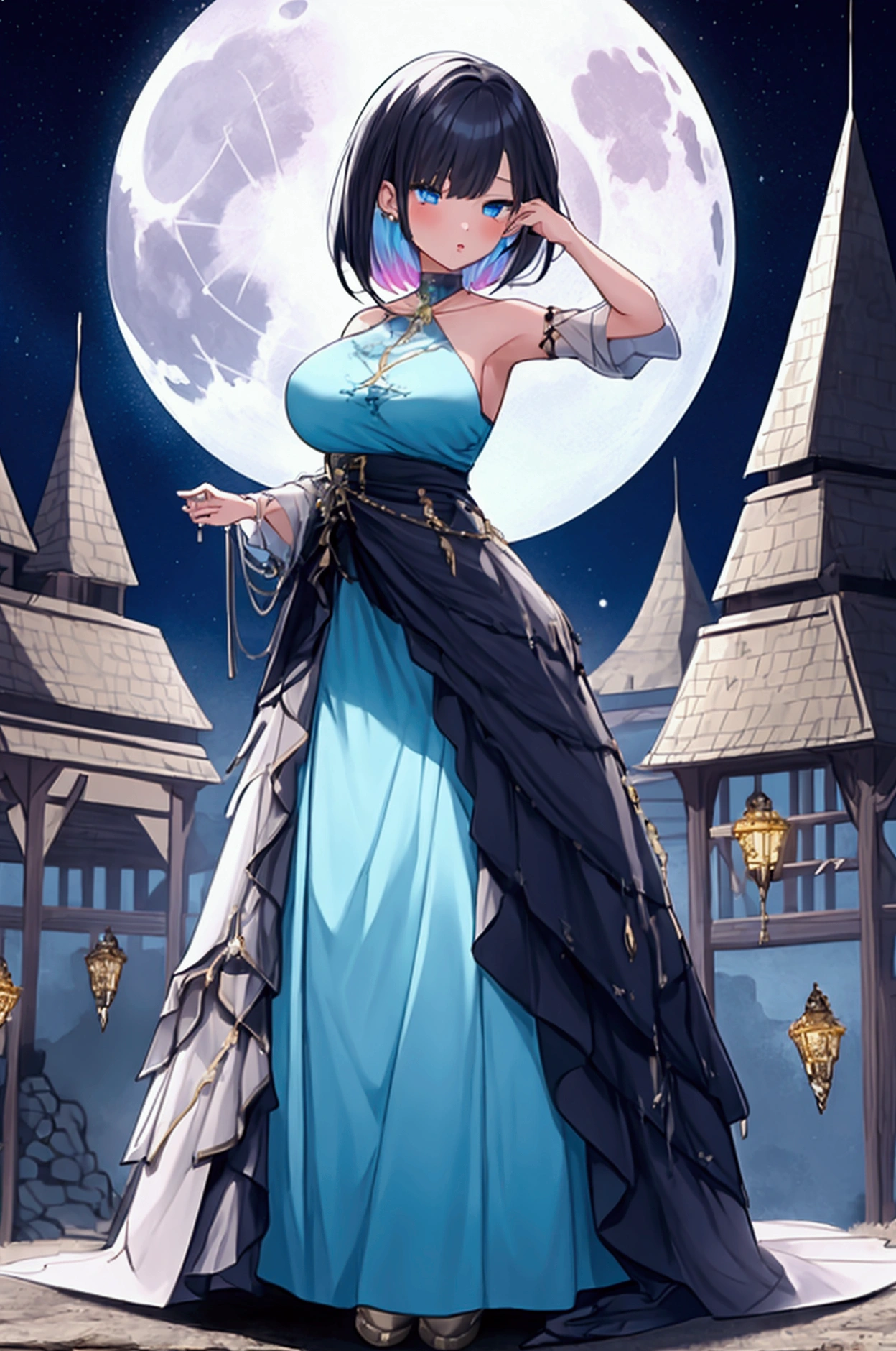 Full body image, night, ((1 girl)), alone, Adult women, Baby Face, masterpiece, 8K wallpaper, High resolution, Absurd, High Quality Backgrounds, Short Hair, Black Hair, Multicolored Hair, Big Breasts, Slim body, Beautiful frozen village, (Bright full moon), Blue Dress, Detailed dress, Jewelry mini Dress, (magic:1.2), blue fire, blue eyes, Glowing Eyes, Attention to detail, Fantasy, {{A monster with only a head was sealed away, but when a girl approached it, it cut off her head, parasitized the headless girl&#39;s body, and resurrected itself by recreating the girl&#39;s head.}}, NSFW