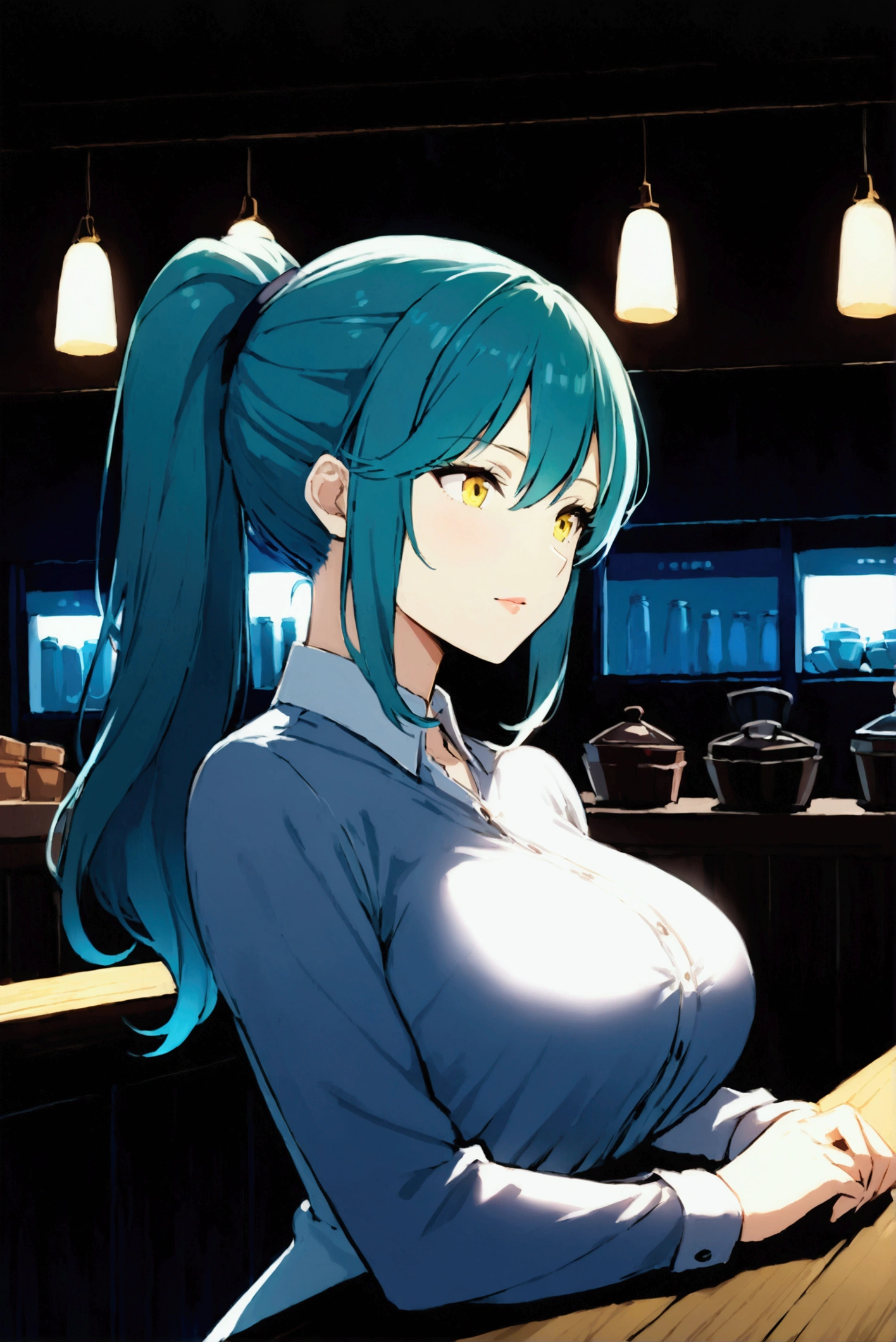 1 girl milf , solo , teal blue ponytail hair ,  yellow lihgt eyes , In the cofe shop