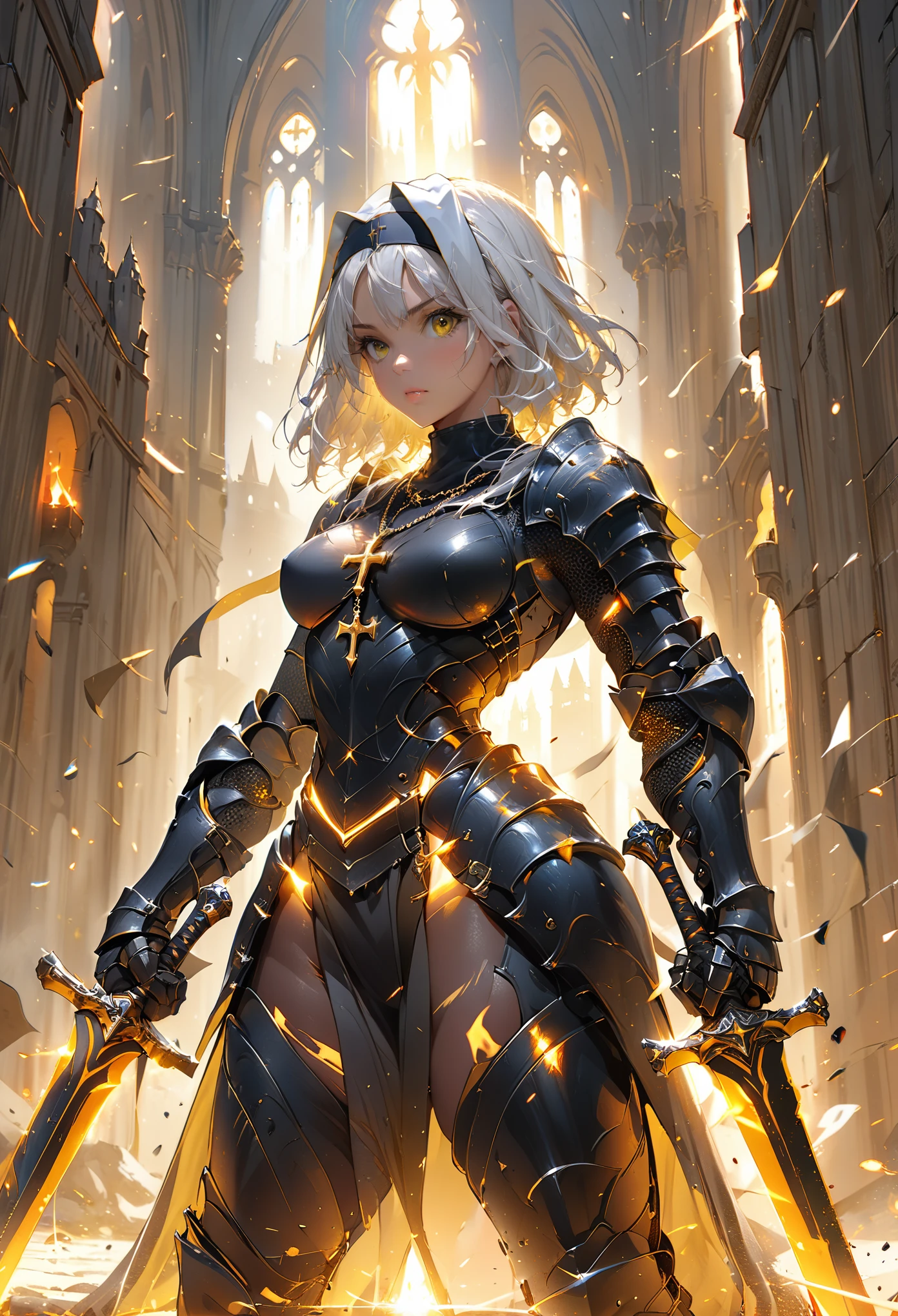 Ultra Quality, Extremely Detailed, High Resolution, (1girl), medium shot, Female Knight, Battle Nun, warm sunlight, sacred castle, dual swords, yellow eyes, white hair, short hair, cross necklace, athletic body, lean muscles, armored arms