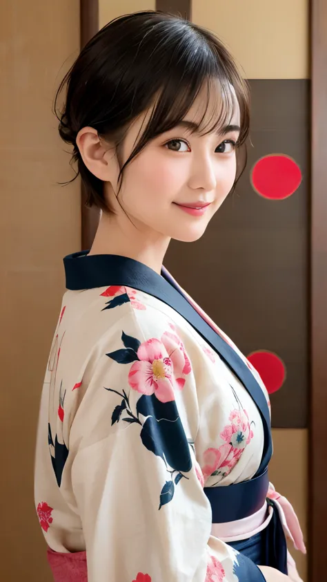 288 (20-year-old woman,short hair) , (a kind smile) , (kimono), (colorful), (japanese painting by uemura shōen), flower