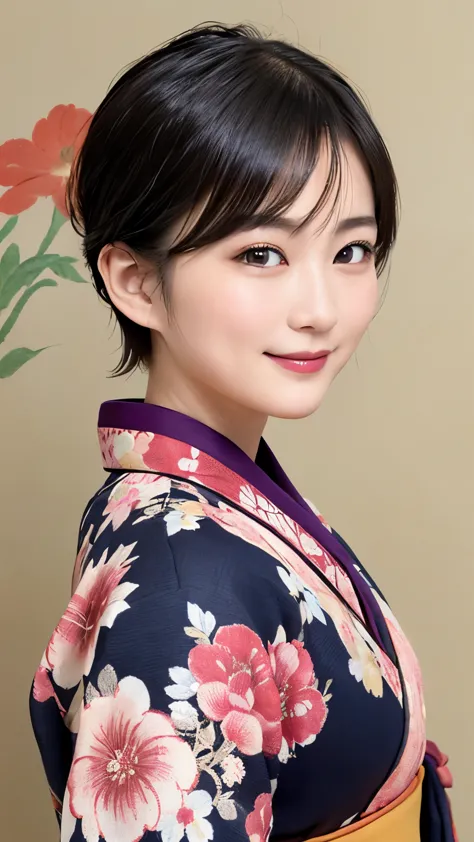 288 (20-year-old woman,short hair) , (a kind smile) , (kimono), (colorful), (japanese painting by uemura shōen), flower