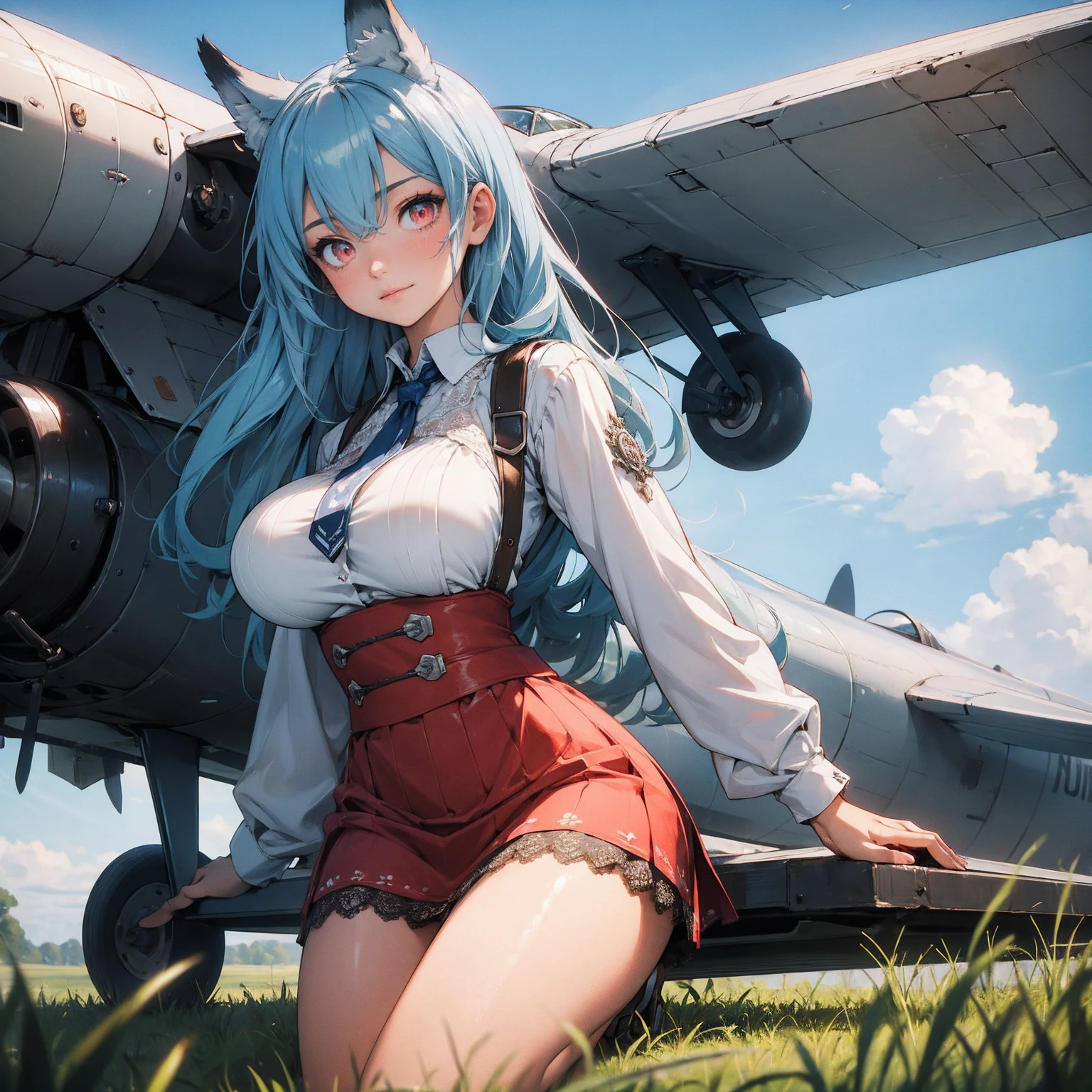 (Absurd Resolution:1.2), (ultra detailed:1.2), (masterpiece:1.2), (Photorealistic), (top-quality), BREAK (biplane on a grassy airfield), early 20th century, detailed mechanical parts, (cute-1girl), teenager, (finely detailed beautiful baby face), BREAK (ultra-fine-red-cute-eyes:1.2), (ultra detailed Expression eyelashes), BREAK (ultra-detailed-absurdly-long-pastel-blue-hair, hairs between eyes), beautiful Glossy lips, BREAK (slim body and gigantic breasts:1.6), curvy is body without muscles, (glossy realistic pale skin texture), BREAK (ultra-detailed-cotton dirndl, Fine lace), bare-Thighs, Wolf-Ears, BREAK Beautiful Smile, Seductive dynamic pose, (Crisp focus:1.2), (depth of field:1.2), (full body shot, dynamic angle), BREAK dramatic cloudy sky, intricate gears and propellers, aged and worn metal surfaces, Streamlined aircraft, metal wings, BREAK retro futuristic style, warm color tones, cinematic lighting, Full view of an biplane on a grassy airfield in the background,