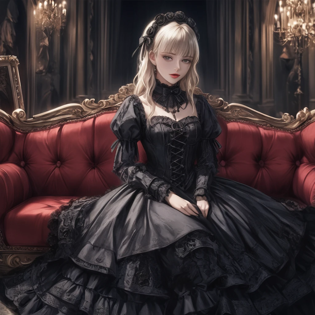 a beautiful gothic lolita girl, 1girl and gothic knight, sitting alone on a black sofa, wearing a detailed black dress with white lace, surreal, high resolution, extremely detailed, most detailed, red lips, baroque, intricate, cinematic lighting, dramatic composition, rich textures, vivid colors, photorealistic, "goth girls" style