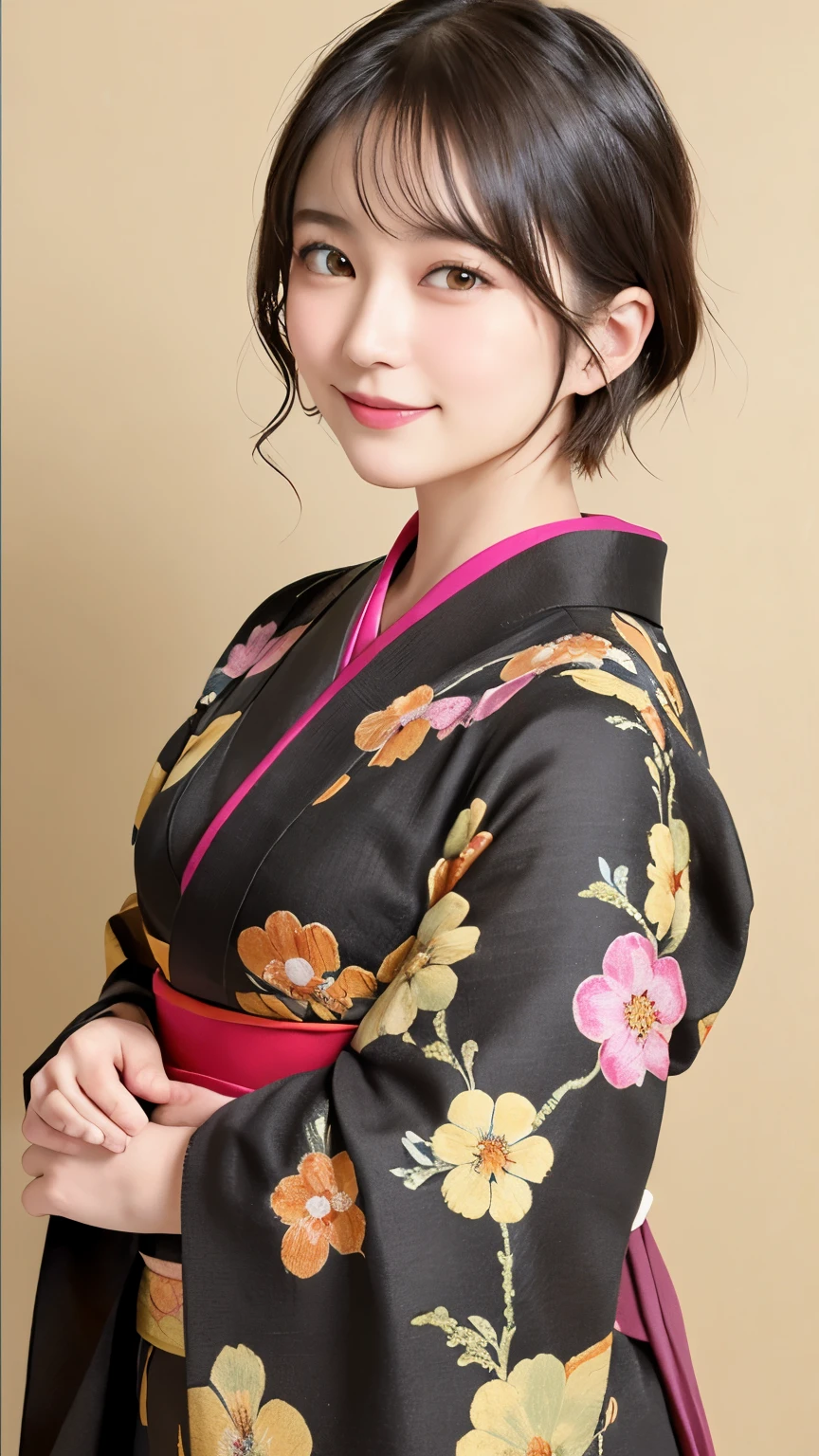 288 (20-year-old woman,Short Hair) , (A kind smile) , (kimono), (colorful), (Japanese painting by Uemura Shōen), flower