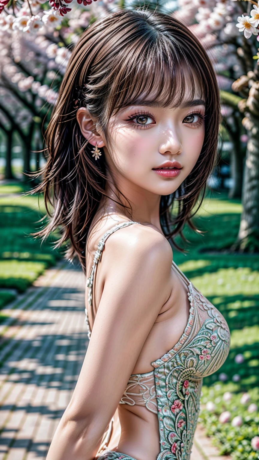 Realistic (photorealistic Realism), (high resolution), ((intricately detailed digital art)), (ultra realistic texture details: velvety skin, hair), ((ultra quality)), (UHD:1.3), professional photography, (glamour shot of Japanese woman:1.3), (intricately detailed realistic brown_eyes:1.2), (perfect proportions),((anatomically correct)),((perfect female body)),((firm and full normal breasts:1.2)),beautiful cheekbones,(Super beautiful),perfect round eyes,finely detailed pupils,BREAK,detailed lips:1.3,makeup:1.3,red_lipstick:1.2, Thin eyebrows, Carefully draw eyelashes, Eyelash extensions, Gal Makeup, realistic dull skin noise, visible skin detail, skin fuzz, dry skin, (blush:0.5), (Goosebumps:0.3), Voluminous updo, (vivid and colorfu)l, The attention to detail, satisfaction smile,  best high quality soft lighting, sharp focus captured by Fujifilm XT3, f 5.6, in a dramatic lighting, (perfect composition), (outside,an orchard of blooming cherry trees:1.15),(random u%u top:1.35), exquisite balance of shadows,perfect composition, ((full body shot:1.33)),look at the viewer, 