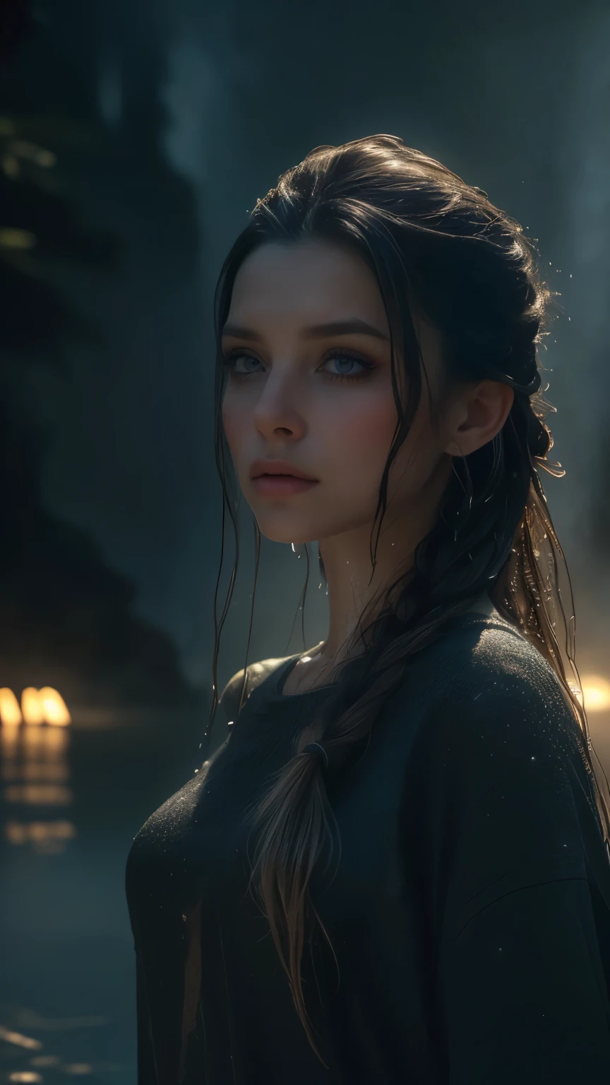 (((ultra realistic))), ((ultra-detailed face and eyes: 1.3)) ,(native girl), with very long thick hair, (feathers in hair), ((few clothes)) , ((indigenous clothing)) , slender body, (wet skin and clothes) , Near the waterfall, rain, mysterious dark atmosphere (In the moonlight, night, shadow), contrasting, ((ultra-detailed)), ((Skin detailing)), (scene from a movie about ancient people), (Dark color scheme)