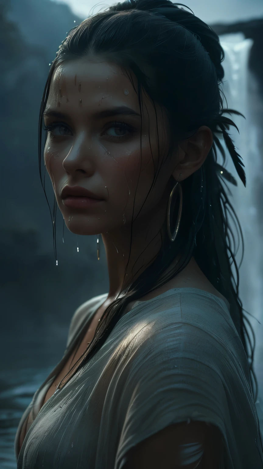 (((ultra realistic))), ((ultra-detailed face and eyes: 1.3)) ,(native girl), with very long thick hair, (feathers in hair), ((few clothes)) , ((indigenous clothing)) , slender body, (wet skin and clothes) , Near the waterfall, rain, mysterious dark atmosphere (In the moonlight, night, shadow), contrasting, ((ultra-detailed)), ((Skin detailing)), (scene from a movie about ancient people), (Dark color scheme) 