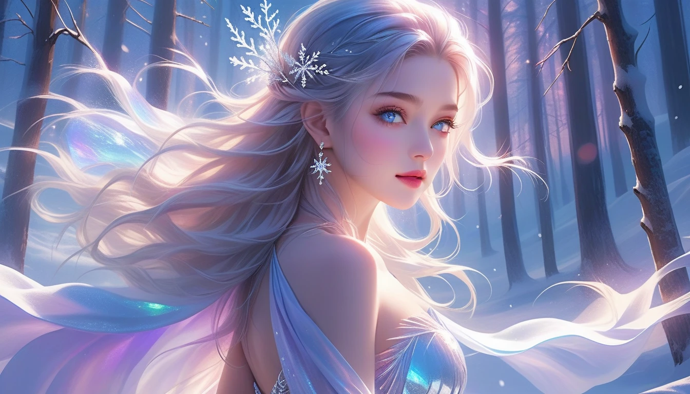 A Masterpiece In 32K Resolution, Supreme Clarity, Hyperreal Detail, Cinematic Artwork, Ultra-High-Resolution 32K Wallpaper, Majestic Lighting, Ethereal Beauty, And Immaculate Precision. The Scene Portrays A Girl Amidst A Serene, Snow-Covered Forest, Soft Flurries Falling Around Her In The Crisp Night Air. She Accentuating Her Full Bosom, With Glistening Jewelry That Dances With Her Every Shift. Her Skin Shimmers Like Frosted Glass, Radiating A Subtle Glow Against The Moonlit Snow. Her Wild, Wind-Swept Silver Hair Cascades Over Her Shoulders, Blending Effortlessly With The Pale, Icy Landscape. Glistening Crystals Of Snow Catch In Her Hair, Reflecting The Cool Light Of A Winter Night. She Is Draped In A Flowing, Ethereal Gown That Glows Softly Under The Majestic Northern Lights, Which Dance Across The Sky. Her Piercing, Ocean-Blue Eyes Stand Out Strikingly Against The Pale Environment, With An Intense, Soulful Gaze That Draws The Viewer In. Her Jewelry, Embellished With Frosted Gems, Glimmers As She Moves Gracefully Through The Snow-Laden Forest. The Cinematic Lighting Highlights The Depth And Immensity Of The Snow-Covered Scene, While Her Mystical Aura Exudes Grace And Elegance. The Hyper-Realistic Detail Captures Her Serene Yet Powerful Presence, Surrounded By The Whispering Silence Of The Winter Landscape, With Each Snowflake Illuminated In The Crisp Air Around Her.